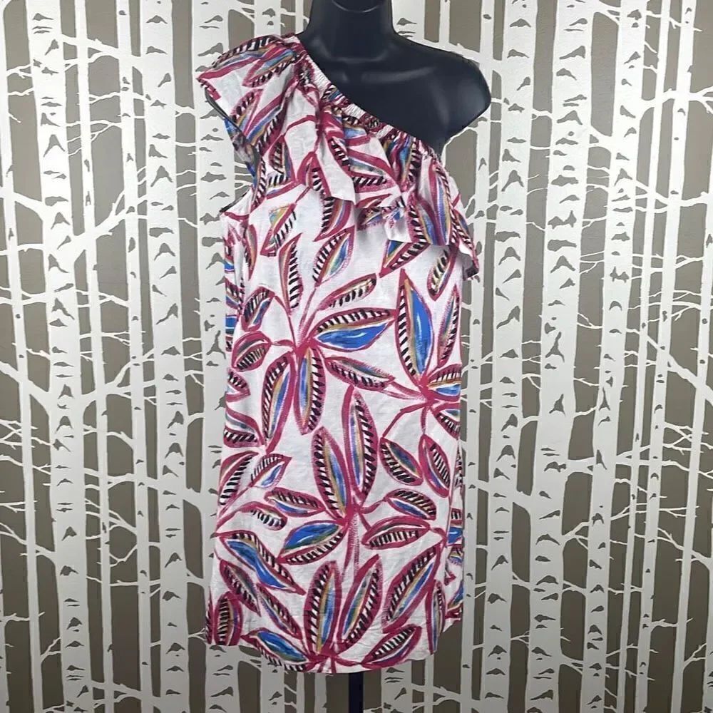 Linen Blend One Shoulder Leaf Print Dress S